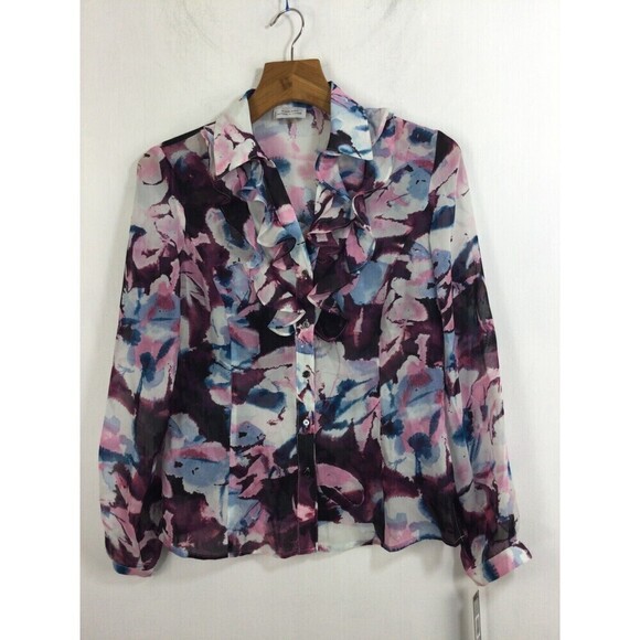 Tahari Arthur S. Levine Collared V-Neck Ruffle Long Sleeve Blouse Top Ivory/Wine - Picture 11 of 11